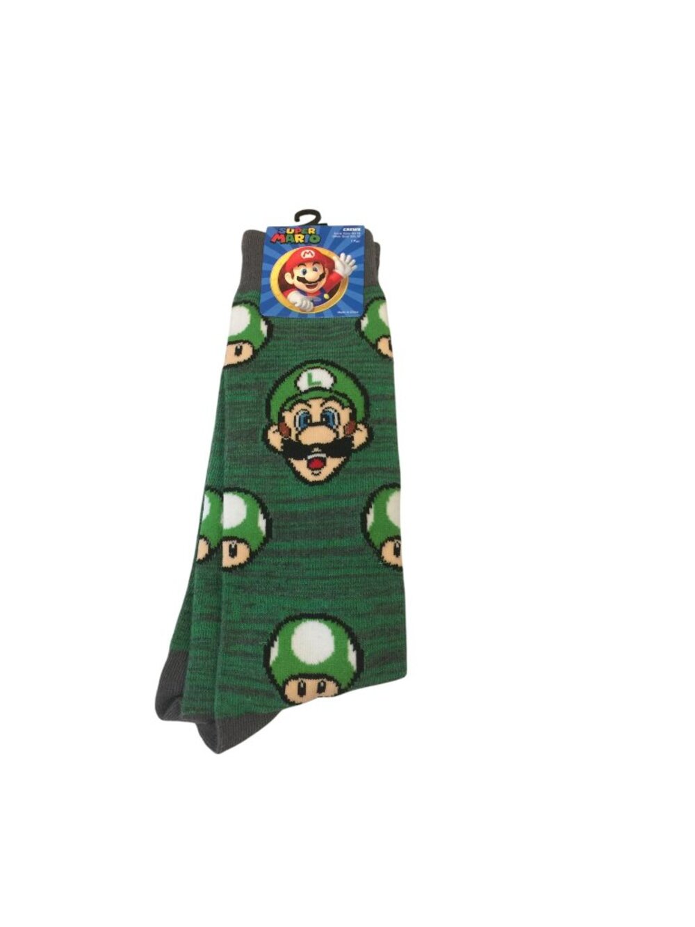Super Mario Luigi Mushrooms Men's Crew Socks Size 10-13 Green Gray